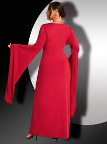 SHEIN Clasi Plus Size Elegant Extra Long Bell Sleeve Cinched Waist Solid Color Dress - Red - View 2
