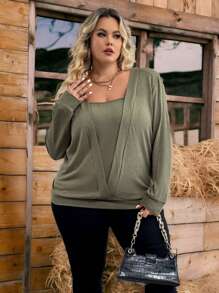 SHEIN CURVE+ Plus Size Solid Square Neck Pullover,Fall Tops,Fall Outfits,Fall Women Clothes - Army Green - View 6