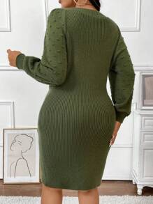 Celure Plus Size Women V-Neck Lantern Sleeve Solid Color Elegant Sweater Dress, Fall-Winter