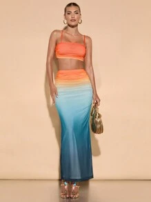 SHEIN BAE 女式渐变色细肩带短款上衣和渐变色高腰荷叶边下摆铅笔裙两件套，夏季海滩/休闲装