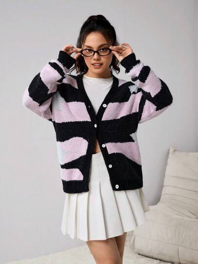 适合少女的 V 领星星印花开衫，春夏秋季开学休闲百搭服装，适合居家、外出、聚会、上学和休闲