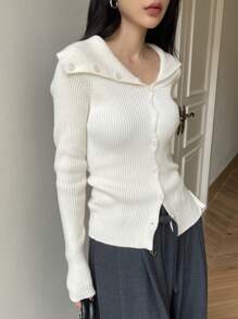 DAZY Solid Color Asymmetric Collar Cardigan For Women,Fall Clothes - Beige - View 5