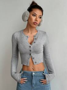 Flirla Áo len cardigan dáng ôm ngắn thời trang giản dị, mùa xuân/thu - Xám - Xem 6