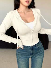 DAZY 1pc Women's Solid Color Fitted Long Sleeve Hooded Zip-Up Cardigan,Fall Women Clothes Jacket