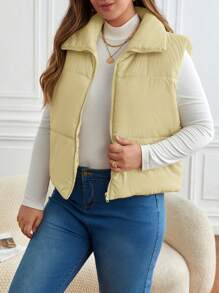 SHEIN Frenchy 大码纯色前拉链无袖简约休闲装 - 黃色 - 查看 6