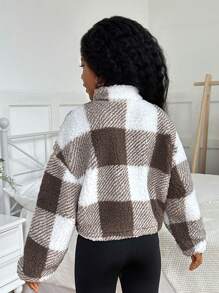 Tween 女童休闲双面格子羊毛保暖漏斗领半拉链连帽运动衫 - 卡其色 - 查看 2
