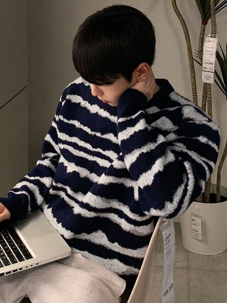 Men's Crew Neck Long Sleeve Striped Sweater, Casual Autumn