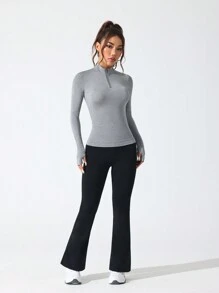 Gameset SHEIN Sport 女士纯色长袖拉链半襟柔软透气拉链运动衫 - 灰色 - 查看 4