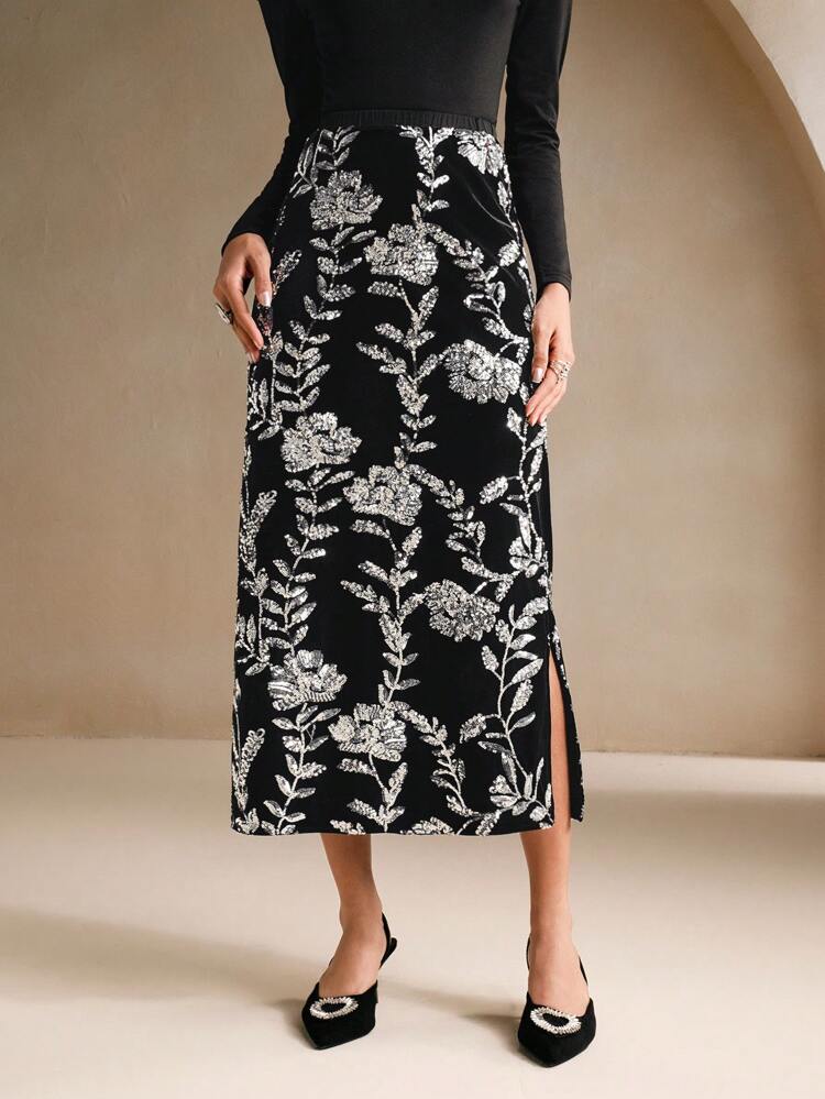 Vintage Floral Pattern Sequin Embroidered Velvet A-Line Skirt