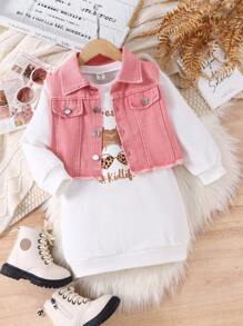 SHEIN 2pcs Young Girl Round Neck Letter Print Pullover Sweater And Button Front Jacket Set - Pink - View 1