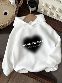 SHEIN Leap Crew Áo sweatshirt dài tay dáng rộng, chất liệu dày dặn, họa tiết trái tim, phong cách tối giản thường ngày, phù hợp cho nữ tuổi teen, thích hợp cho mùa thu/đông. - trắng - Xem 1