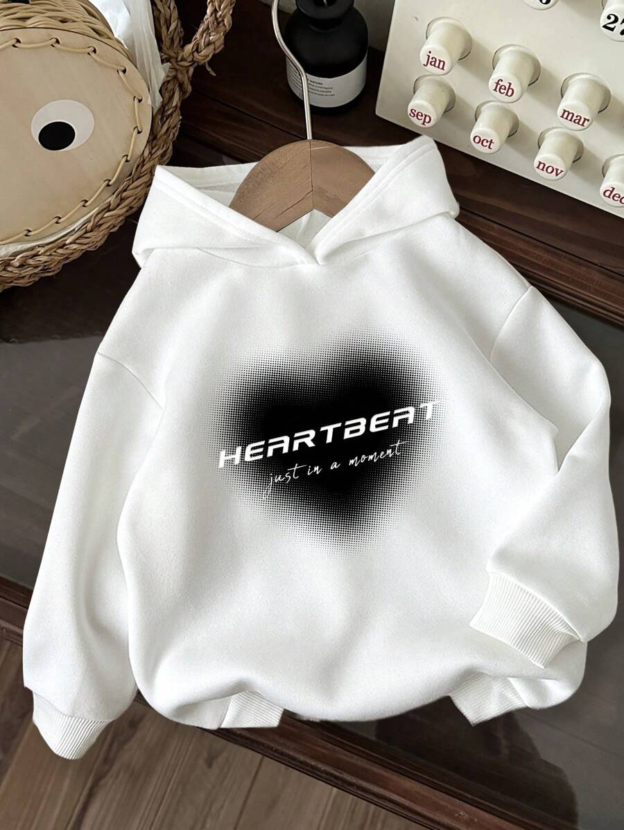 SHEIN Leap Crew Áo sweatshirt dài tay dáng rộng, chất liệu dày dặn, họa tiết trái tim, phong cách tối giản thường ngày, phù hợp cho nữ tuổi teen, thích hợp cho mùa thu/đông. - trắng - Xem 1