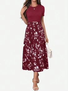 SHEIN Clasi 女式纯色拼布圆领短袖褶皱休闲连衣裙新年服装长款女装 - 紅色 - 查看 3