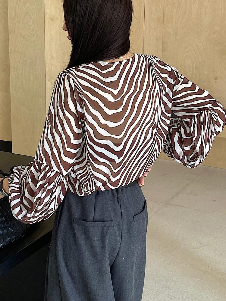 V-Neck Tie Up Striped Long Sleeve Casual Loose Shirt For Women,Ruffle,Fall Clothes
