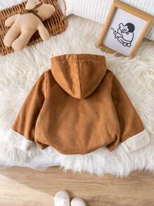 SHEIN 男婴可爱熊设计保暖内衬连帽夹克，卡其色，适合秋冬季，适合圣诞节 - 彩色 - 查看 2