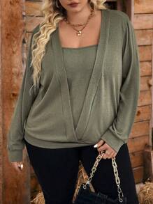 SHEIN CURVE+ Plus Size Solid Square Neck Pullover,Fall Tops,Fall Outfits,Fall Women Clothes - Army Green - View 1