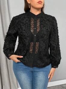 SHEIN Privé Blus Wanita Lengan Panjang Ukuran Besar Elegan dengan Detail Renda dan Potongan Longgar, Terbuat dari Kain Bertekstur, Cocok untuk Kerja & Pakaian Sehari-hari - Hitam - View 6