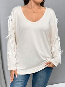 SHEIN Privé T-shirt manches longues pour femmes grandes tailles, confortable et décontracté, col en U, ample, avec nœud papillon, col bateau, en beige - Nude - Voir 6