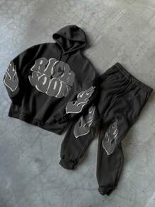 PAVTROS Manfinity Streetrush 2pcs Men's Drawstring Letter Print Long Sleeve Hoodie Jacket And Pants Casual Sweatsuit Set, Rich Soon Hoodie, Hoodie And Sweatpants Set, Men Outerwear Co Ords, Fall Clothes - Black - View 2