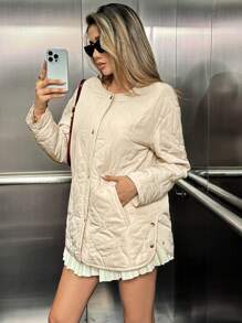 SHEIN Unity Chaqueta sobredimensionada de manga larga con bolsillo y cierre individual - Albaricoque - Ver 4
