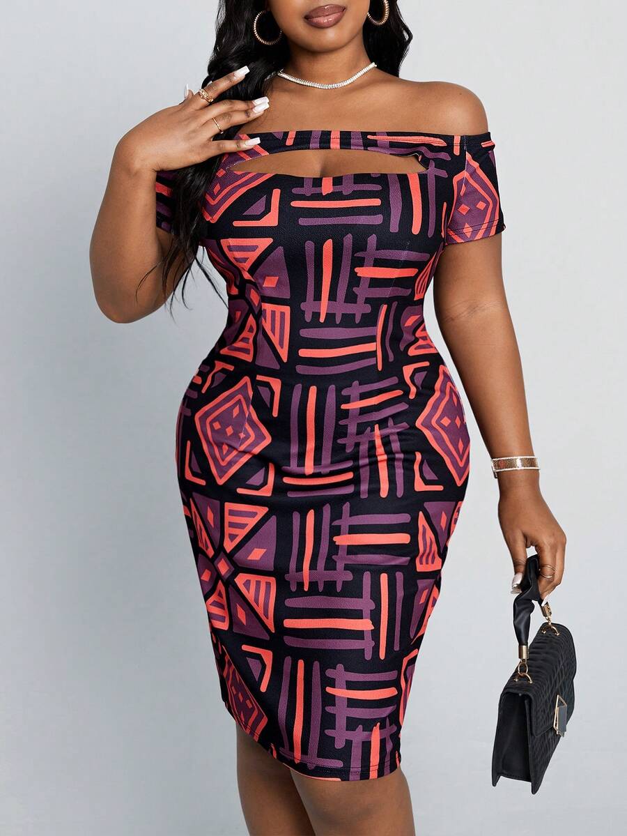 SHEIN Lady 夏季大碼露肩全印花空心連衣裙 - 彩色 - 查看 1