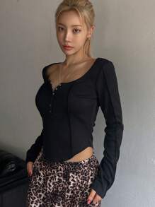DAZY 女士修身半拉链保暖抓绒T恤长袖上衣，秋季女装，冬季 - 黑色 - 查看 6