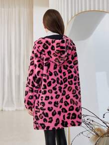 SHEIN Tween Girls Fuchsia Pink Hooded Fluffy Leopard Print Mid-Length Jacket