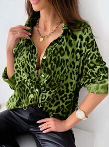 INAWLY Women's Spring & Autumn Loose Leopard Print Ruffle Sleeve Casual Shirt - Green - View 4