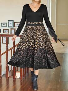 SHEIN Plus Size Women's Patchwork Leopard Print V-Neck Long Sleeve Dress Fall Cloth For Women