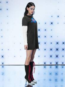 FREAK CITY Designer Women 2-In-1 Contrasted Sleeve Printed Washed Retro Street Black T-Shirt Dress, Holiday, Vacation, Spring, Festival, Ibiza Fits, Graphic Tees - Black - View 5