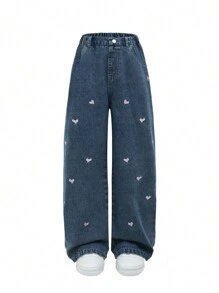 SHEIN Quần Jeans Thường Ngày Phong Cách Y2K Rộng Rãi Màu Xanh Dương Có Thêu Hình Trái Tim Cho Bé Gái Tuổi Teen, Thích Hợp Mặc Hàng Ngày - Rửa tối - Xem 1