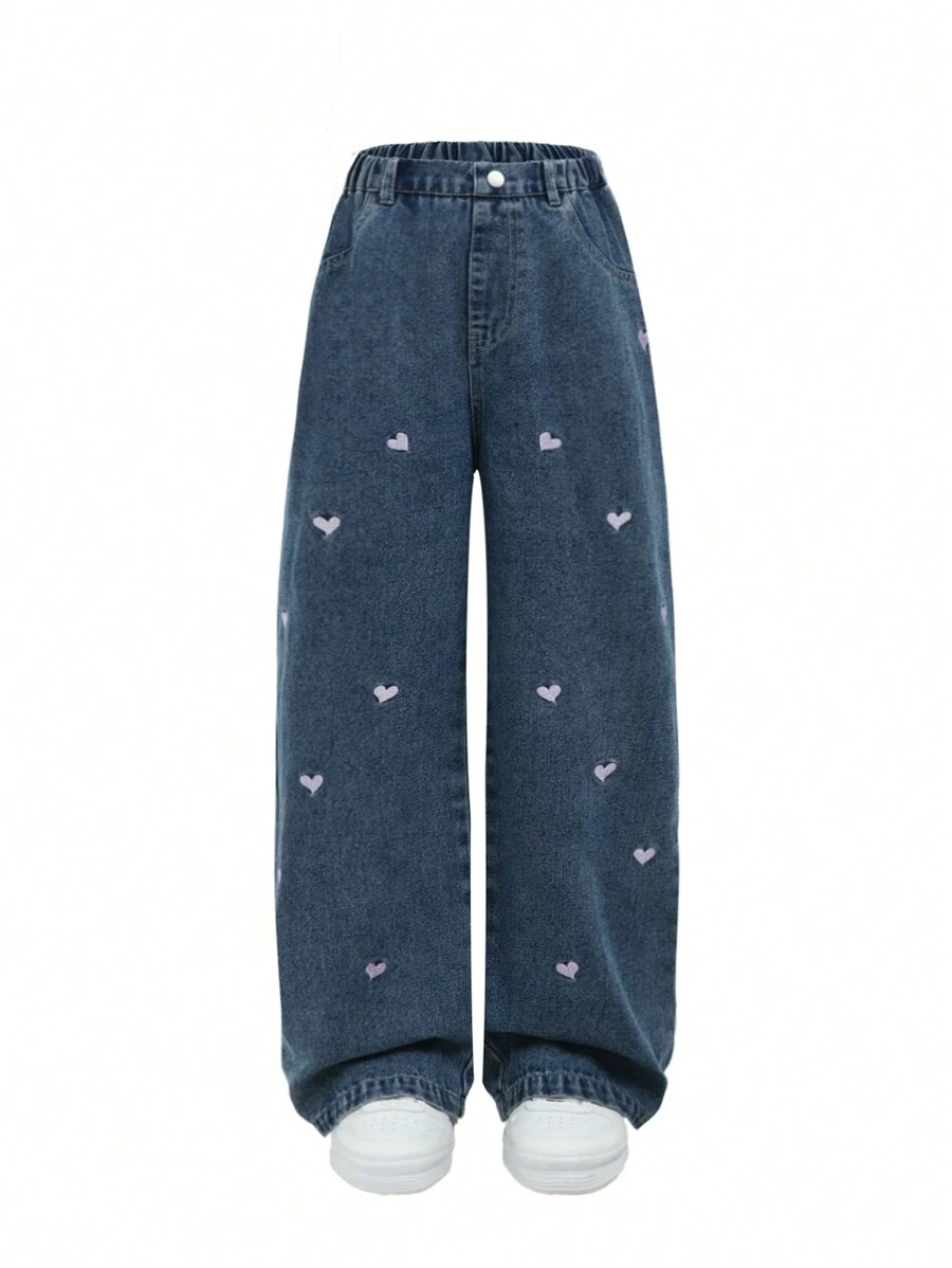 SHEIN Quần Jeans Thường Ngày Phong Cách Y2K Rộng Rãi Màu Xanh Dương Có Thêu Hình Trái Tim Cho Bé Gái Tuổi Teen, Thích Hợp Mặc Hàng Ngày - Rửa tối - Xem 1