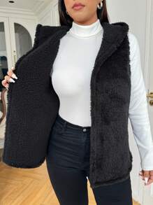 Solflare Plus Size Plush Hooded Zipper Sleeveless Vest, Black, Autumn/Winter Fall