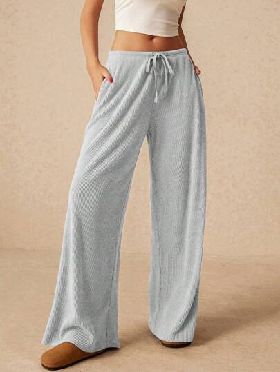 SHEIN Frenchy Plus Size French Casual Simple Knitted Drawstring Waist Adjustable Straight Leg Pants