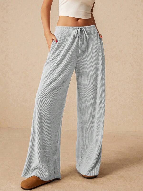 SHEIN Frenchy Plus Size French Casual Simple Knitted Drawstring Waist Adjustable Straight Leg Pants