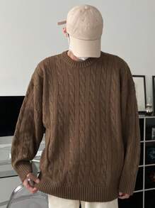 DAZY Men's Solid Color Round Neck Drop Shoulder Long Sleeve Casual Sweater, Autumn - Brown - View 8