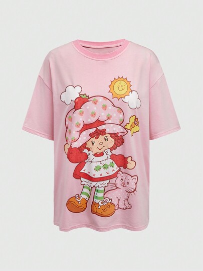 Women's Casual Cartoon Print Loose Drop Shoulder T-Shirt, Summer