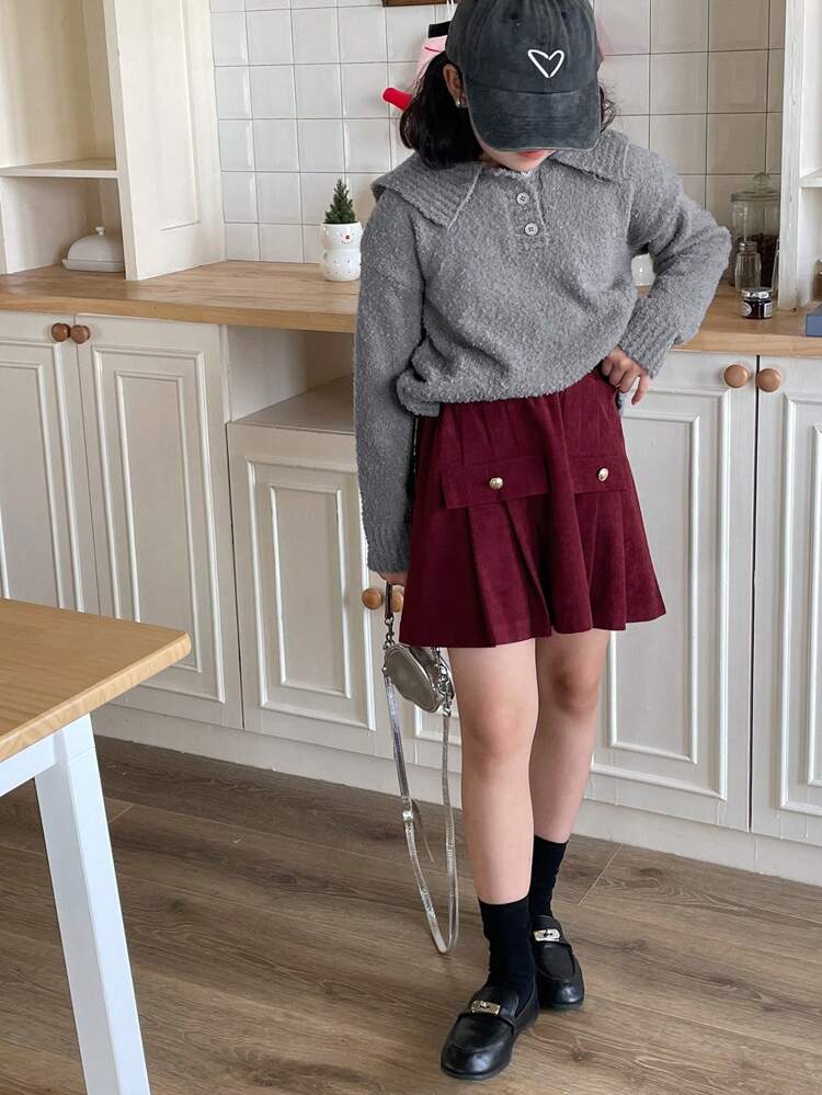2pcs Tween Girl Grey Collar Top And Red Button Skirt Casual Outfit