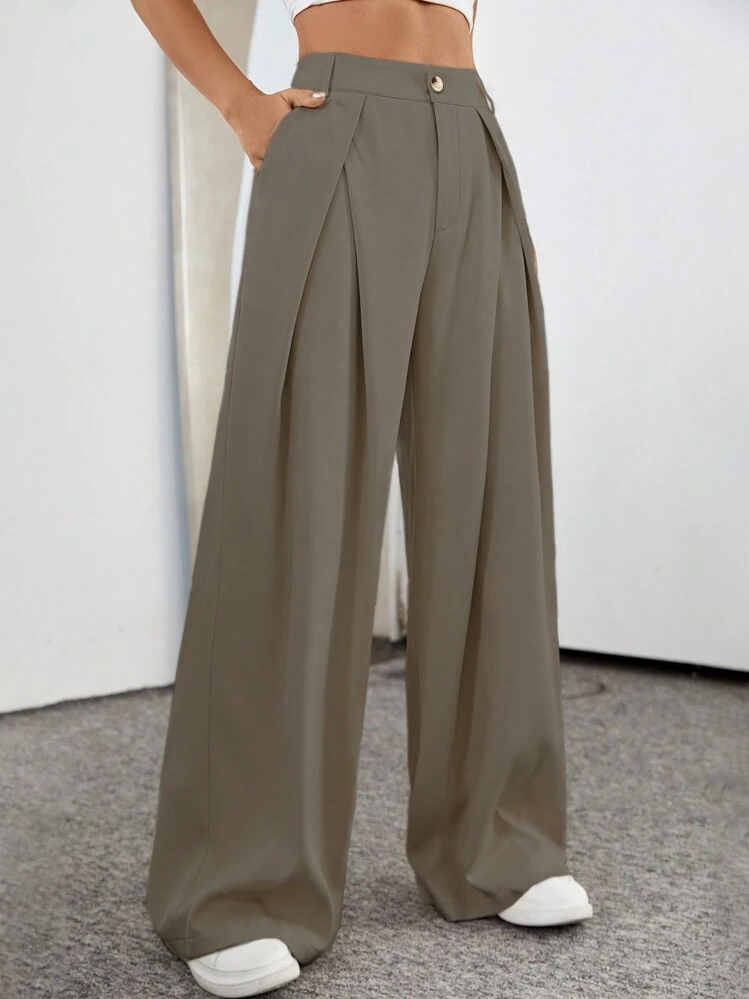 Flirla Completo da donna con pantaloni larghi a vita alta plissettati con tasche, di colore unito - Cachi - Visualizzare 6