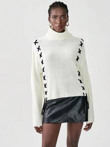 SHEIN Unity Women's Autumn/Winter High Neck Dropped Shoulder Long Sleeve Drawstring Knitted Sweater, Fall - Beige - View 3