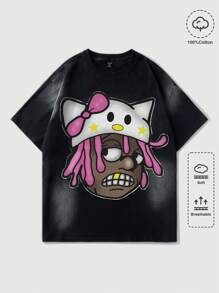 ROMWE MEN Street Life Men's Graphic Print Washed Faded Short Sleeve T-Shirt With Fun Doodle And Spray Donkey Design, Spring Or Summer, School - Black - View 1