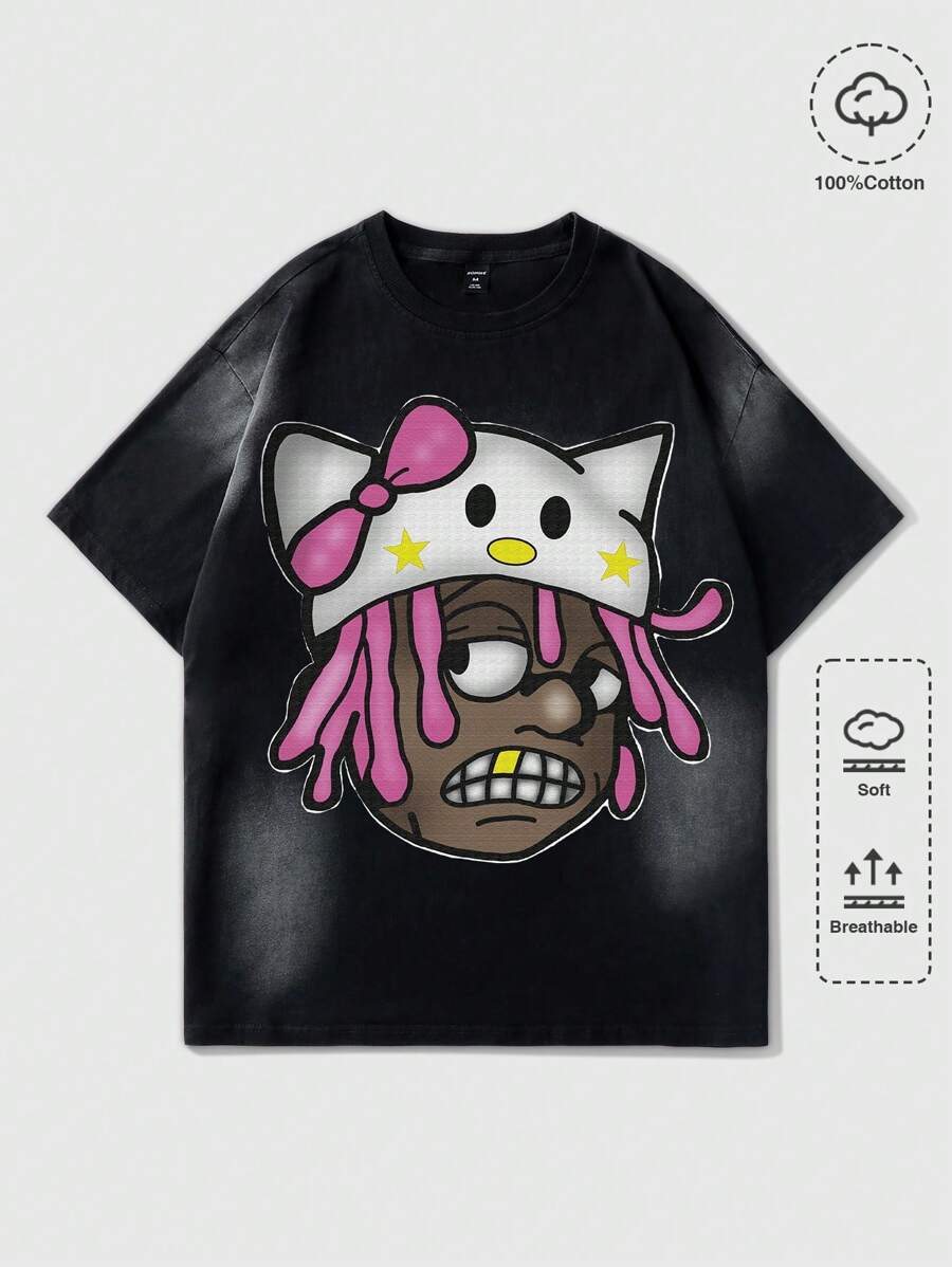 ROMWE MEN Street Life Men's Graphic Print Washed Faded Short Sleeve T-Shirt With Fun Doodle And Spray Donkey Design, Spring Or Summer, School - Black - View 1