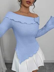 Elenzga 优雅荷叶边露肩针织修身毛衣，适合分层穿着 - 淺藍色 - 查看 4