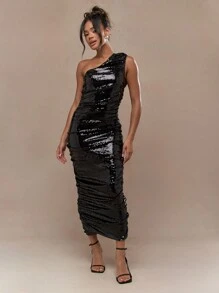 MISSGUIDED Y2K Futuristic Sequin Asymmetric One Shoulder Ruched Maxi Dress - Black - View 4
