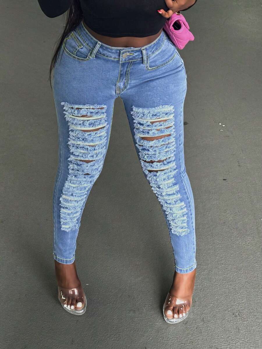 Women's Solid Color Casual Fashionable Ripped Stretch Skinny Jeans - 淺色水洗藍 - 查看 1