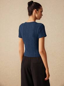 Poéselle 秋季修身不对称罗纹短袖女式 T 恤，带开衩下摆设计，短袖衬衫，圆领，紧身短袖衬衫，T 恤，秋季女式上衣，万圣节衬衫，外出服装 - 藏蓝色 - 查看 7
