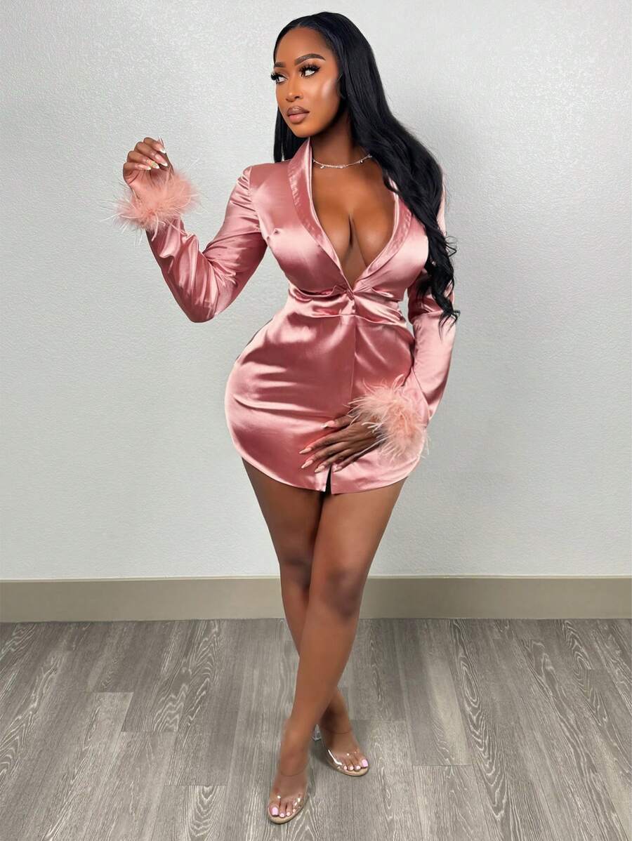 Slaydiva Jesienna elegancka spódnica garniturowa z długimi rękawami, głęboki dekolt w serek, sztuczne ozdoby na górze, super mini spódnica, błyszcząca błyszcząca tkanina tkana, różowa damska marynarka garniturowa-E