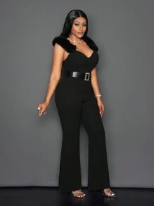 Slaydiva 2024 New Arrivals Elegant Sleeveless Jumpsuit For Valentine's Day, New Year Party, Wedding, High-End Design With Asymmetric Neckline, Fabric Patchwork Details & Belt, Suitable For Autumn