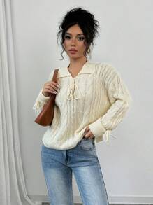 Chiquease Casual Solid Color Drop Shoulder Sweater For Autumn And Winter Knit Pullover Fall Outfit - Apricot - View 1