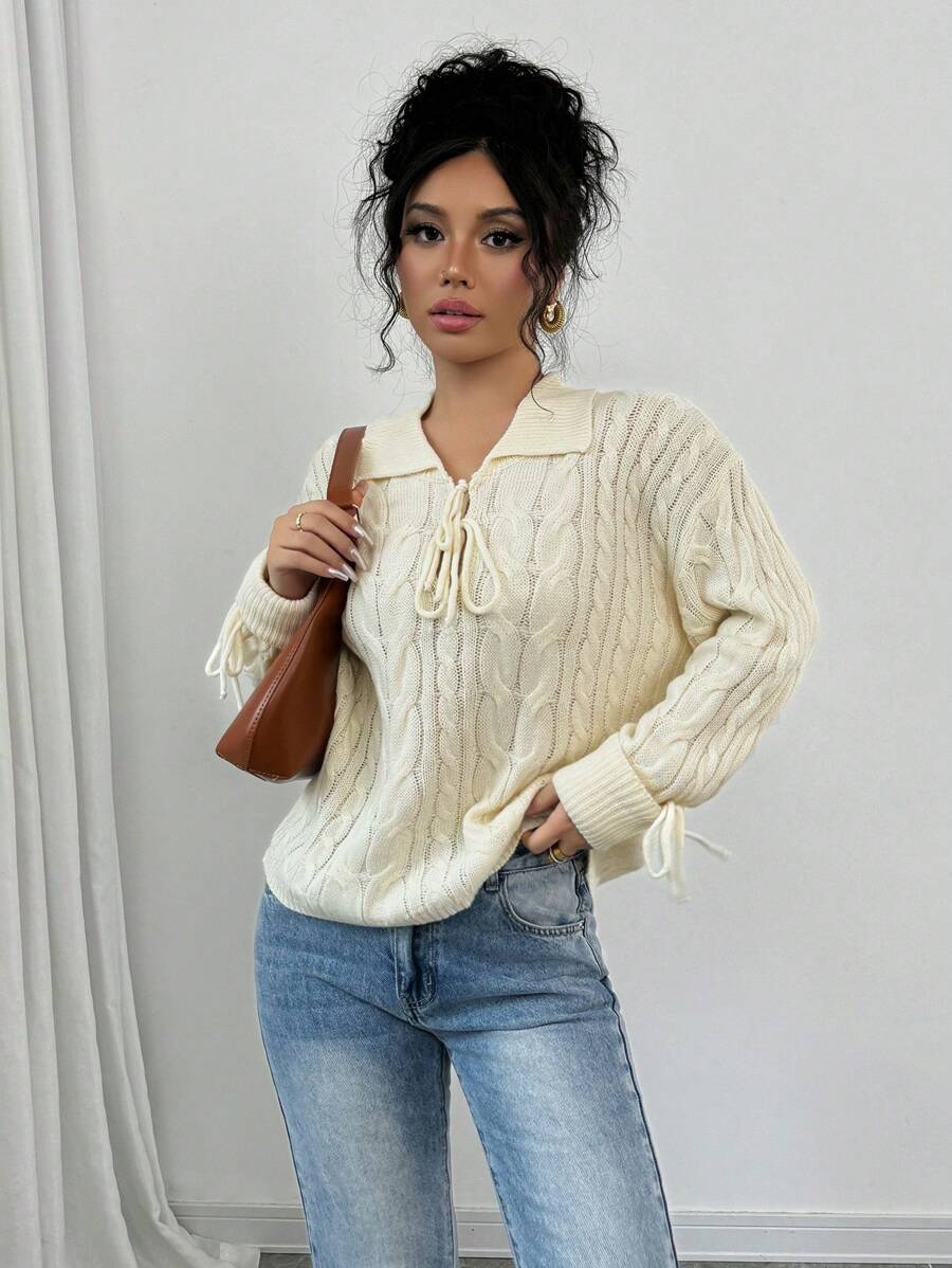 Chiquease Casual Solid Color Drop Shoulder Sweater For Autumn And Winter Knit Pullover Fall Outfit - Apricot - View 1